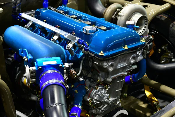 Close Colorful Details Car Engine Modification Turbo Engine — Stock Photo, Image