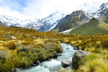 Aoraki Dağı Cook Ulusal Parkı 'ndaki Hooker Vadisi' nde kayalar ve çakıllar arasındaki buzul akıntısı.