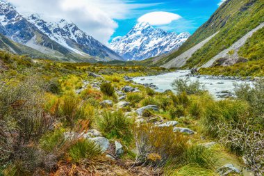 Aoraki Dağı Cook Ulusal Parkı 'ndaki Hooker Vadisi' nde kayalar ve çakıllar arasındaki buzul akıntısı.
