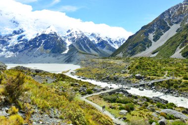 Aoraki Dağı Cook Ulusal Parkı 'ndaki Hooker Vadisi' nde kayalar ve çakıllar arasındaki buzul akıntısı.