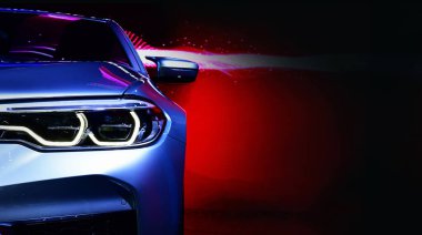 LED farlarından birinin ayrıntıları. Siyah arka plandaki modern araba, boşluğu kopyala