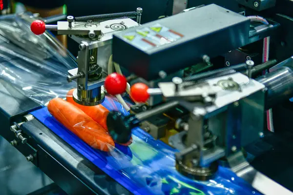 Havuçlar üretim bandında plastiğe sarılıyor. Satılık havuç paketi