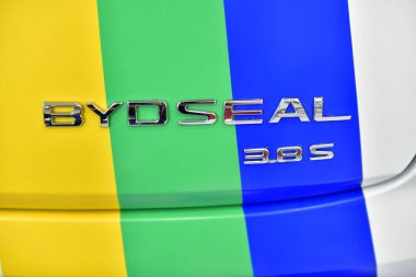 Tayland-27 Mart 2024: BYD Logo Elektrikli Otomobil Hayâlini Oluştur, 45 Bangkok Uluslararası Otomobil Fuarı