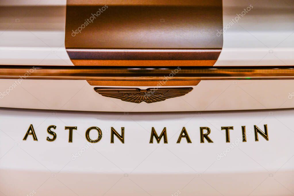 BANGKOK ,THAILAND ,March -24, 2025: Logo detail. Aston Martin vantage sports car from England in showroom siam paragon