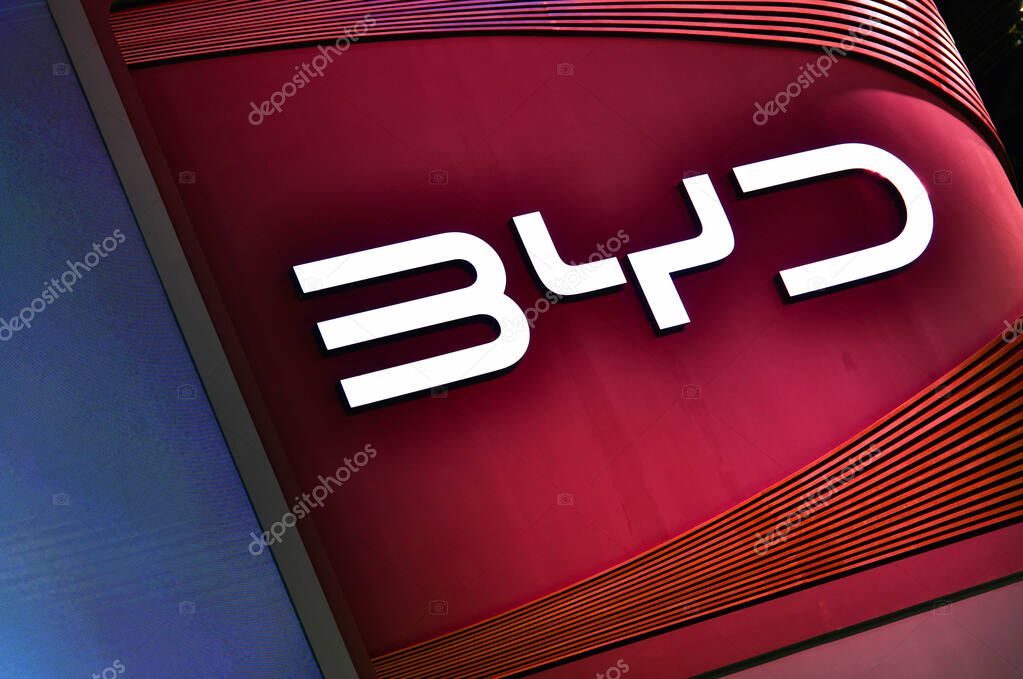 Thailand-March 26,2025: BYD Logo electric car Build Your Dream,at the 46 Bangkok International Motor Show