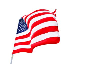 Beyaz Arkaplanda ABD Bayrağı sallamak. ABD Bayrağı Bağımsızlık Günü Kutbunda.