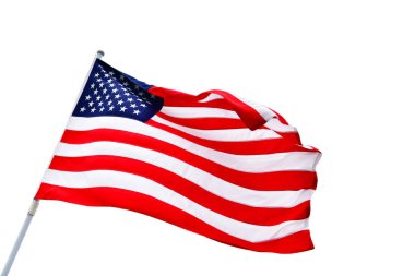 Beyaz Arkaplanda ABD Bayrağı sallamak. ABD Bayrağı Bağımsızlık Günü Kutbunda.