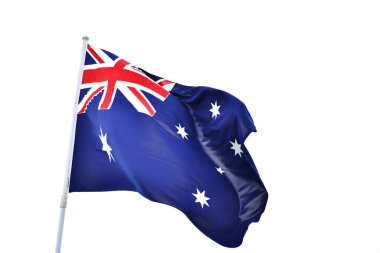 Beyaz arka planda dalgalanan Avustralya bayrağı