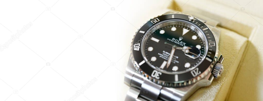 Bangkok Thailand- January 28,2021:Close up Rolex Submariner Date Steel Black Ceramic Men's Wrist watch