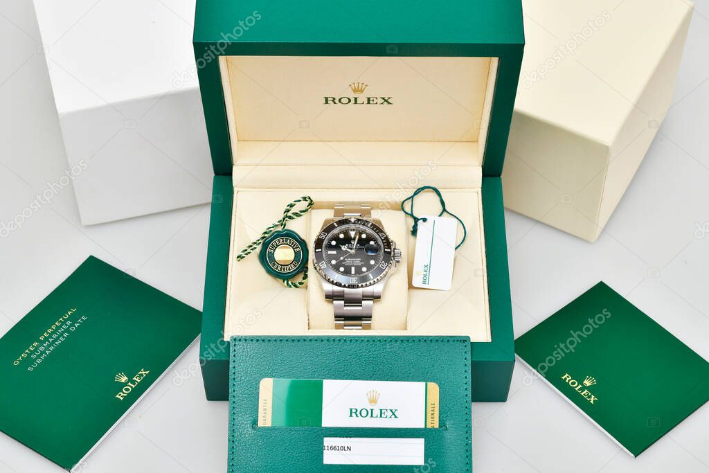 Bangkok Thailand- January 28,2021: Rolex Submariner Date Steel Black on Rolex green box crown logo
