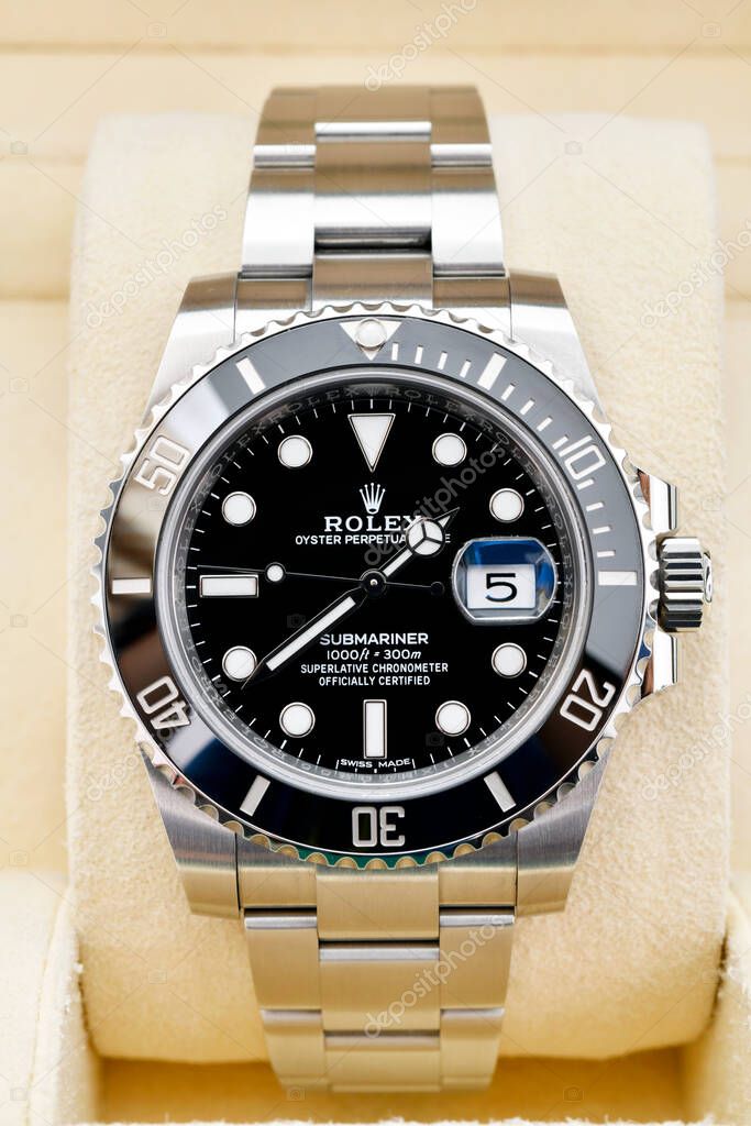 Bangkok Thailand- January 28,2021: Rolex Submariner Date Steel Black on Rolex green box