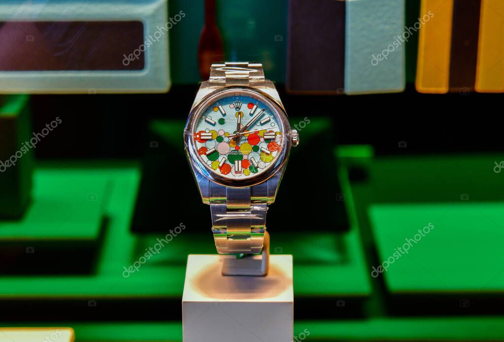 BANGKOK, THAILAND - Sep 12, 2023 : The new Rolex Oyster Perpetual 41 mm, Named Celebration are dotted with many-coloured bubbles that joyfully reunite the five hues introduced to the range in 2020