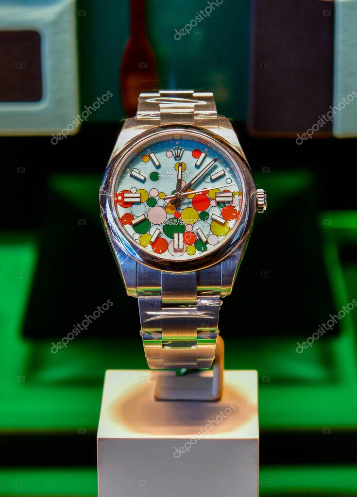 BANGKOK, THAILAND - Sep 12, 2023 : The new Rolex Oyster Perpetual 41 mm, Named Celebration are dotted with many-coloured bubbles that joyfully reunite the five hues introduced to the range in 2020