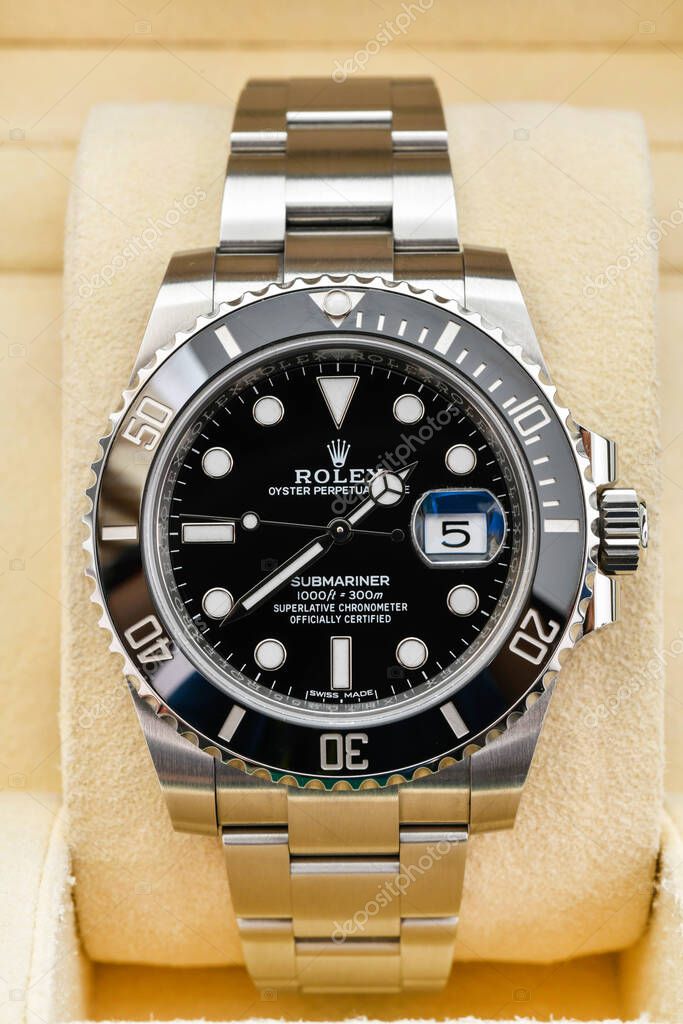 Bangkok Thailand- January 28,2021:Close up Rolex Submariner Date Steel Black Ceramic Men's Wrist watch