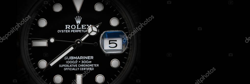 Bangkok Thailand- January 28,2021:Close up Rolex Submariner Date Steel Black Ceramic Men's Wrist watch, banner side