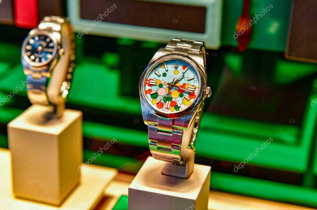 BANGKOK, THAILAND - Sep 12, 2023 : The new Rolex Oyster Perpetual 41 mm, Named Celebration are dotted with many-coloured bubbles that joyfully reunite the five hues introduced to the range in 2020