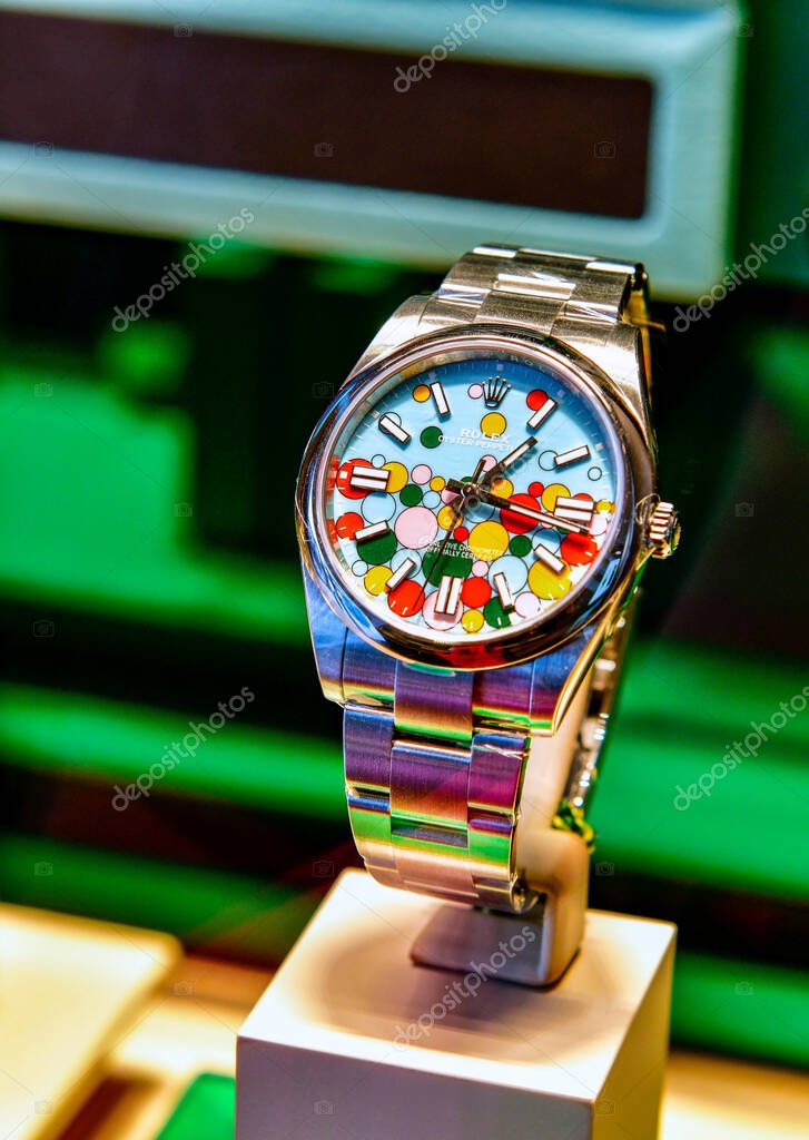 BANGKOK, THAILAND - Sep 12, 2023 : The new Rolex Oyster Perpetual 41 mm, Named Celebration are dotted with many-coloured bubbles that joyfully reunite the five hues introduced to the range in 2020