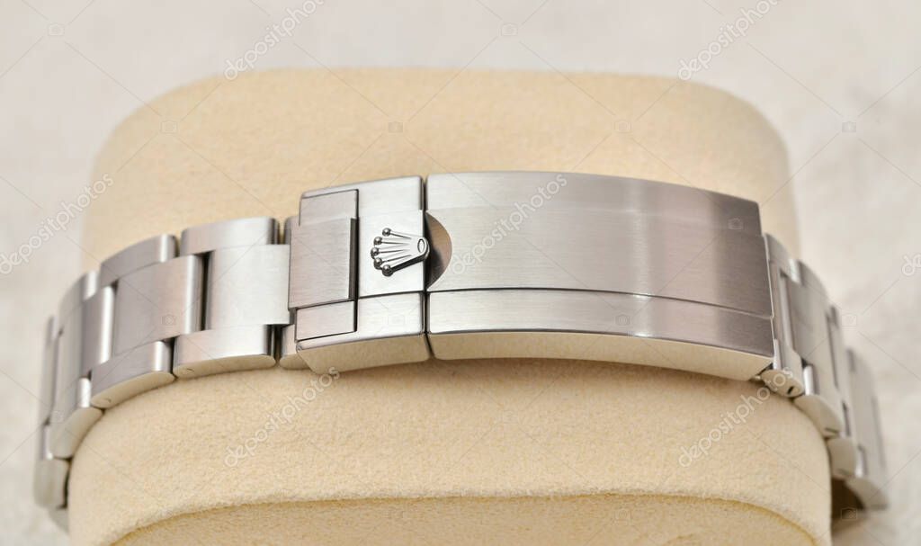 Bangkok Thailand- January 28,2021:Close the watch strap and stainless steel watch strap.