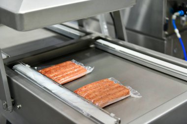 Yüksek performanslı makineler işlenmiş taze gıda ürünleri sosislerini paketliyor. Gıda üretim hatları konveyör bantları, gıda üretim endüstrisi