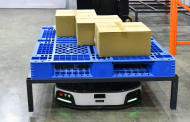 Autonomous Cargo transport robot in warehouses automation Robots in storage hangar. AGV for moving racks, Warehouse automation concept.