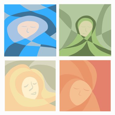 Mevsimler vektör izole çizimi. Mevsimleri sembolize eden stilize kadın yüzleri.