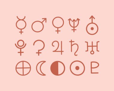 Vector isolated illustration of planet icons set. Astrological designations.
