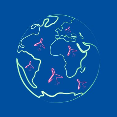 Illustration of planet with airplanes with neon effect. International flights. A ticket to any corner of the world.