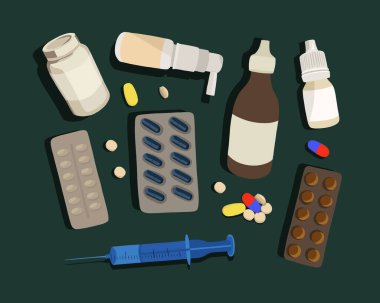 Vector isolated illustration of set of medical drugs. Treatment at home. Tablets and drops for treatment.