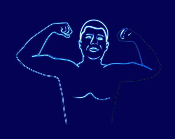 Ilustración Aislada Vectorial Hombre Mostrando Fuerza Dibujo Contorno Neón Atleta — Vector de stock