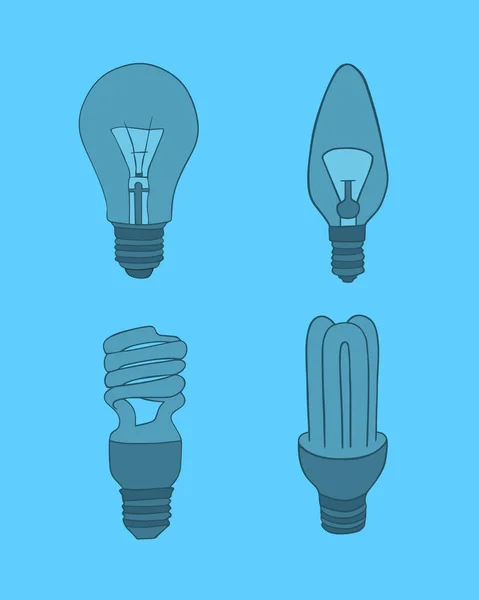 Illustration Vectorielle Isolée Ensemble Ampoules Différents Types Économie Énergie Lampes — Image vectorielle