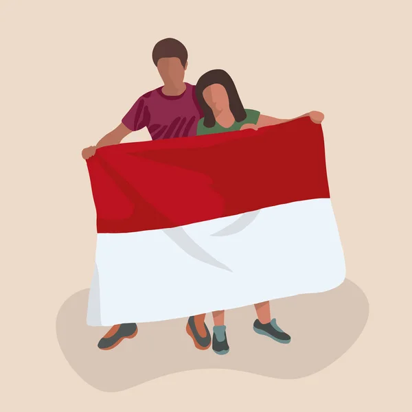 Vektor Isolerad Illustration Pojke Och Flicka Som Håller Indonesien Flagga — Stock vektor