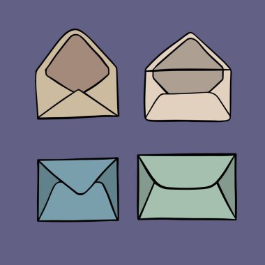 Bir dizi açık ve kapalı zarfın vektör gösterimi. Yeni bir mektup. Mesaj okundu. Posta mektubu. Yeni ileti.