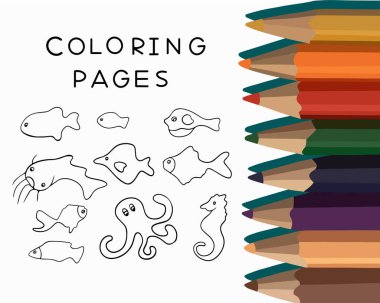 Çocuklar için boyama kitabının izole edilmiş tasviri. Sualtı dünyası boyama sayfası. Anaokulu çocukları için boyama kitabı. Farklı balık türleri..