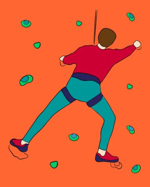 Tırmanma duvarındaki bir adamın vektör çizimi. Dağcıların eğitimi.