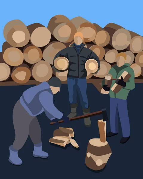 病媒孤立地说明了冬季采集木柴的情况 一个人砍柴 一个男人把柴堆起来 — 图库矢量图片