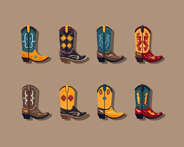 Ilustração Isolada Vetor Grupo Botas Cowboy —  Vetores de Stock