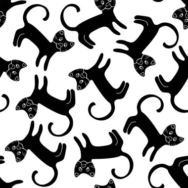 Beyaz arka planda kedi siluetleri olan bir desenin vektör çizimi. Hayvanlarla siyah beyaz desen.