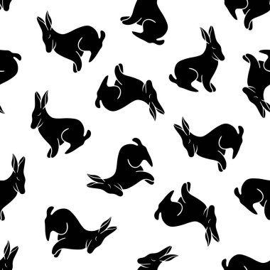 Tavşanlarla deseni izole eden vektör. Tavşanlarla siyah ve beyaz desen..
