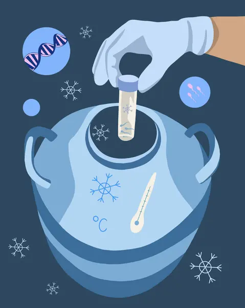 stock vector A scientist in a glove places a test tube into a cryogenic tank for sperm freezing, illustrating modern reproductive technology