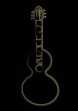 Bir gitarın neon çizgisi koyu siyah bir arkaplan karşısında çarpıcı bir kontrastı gösterir ve göz alıcı görsel efekt yaratır.