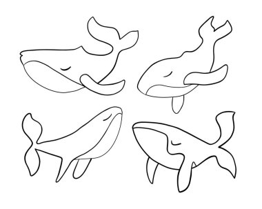 Beyaz bir zemin üzerinde bir dizi kontur balinaları izole vektör çizimi.