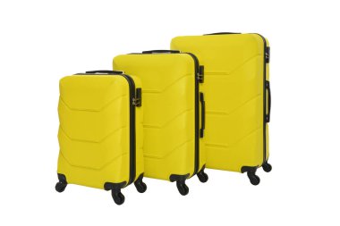 Beyaz arka planda sarı seyahat valizi