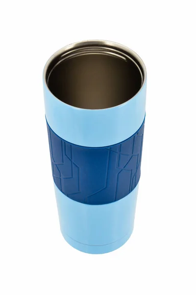 Blue vacuum flask on white background.