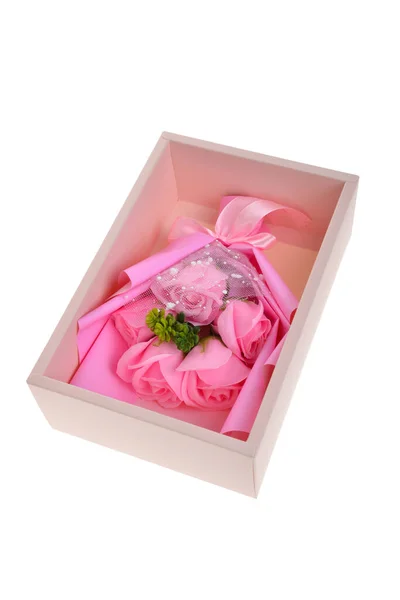 Open Gift Box Pink Ribbon Flower Isolated White — Stock Photo, Image