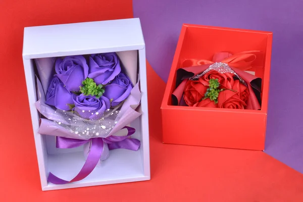 Box Flower Gifts Color Background Top View Valentine Day — Stock Photo, Image
