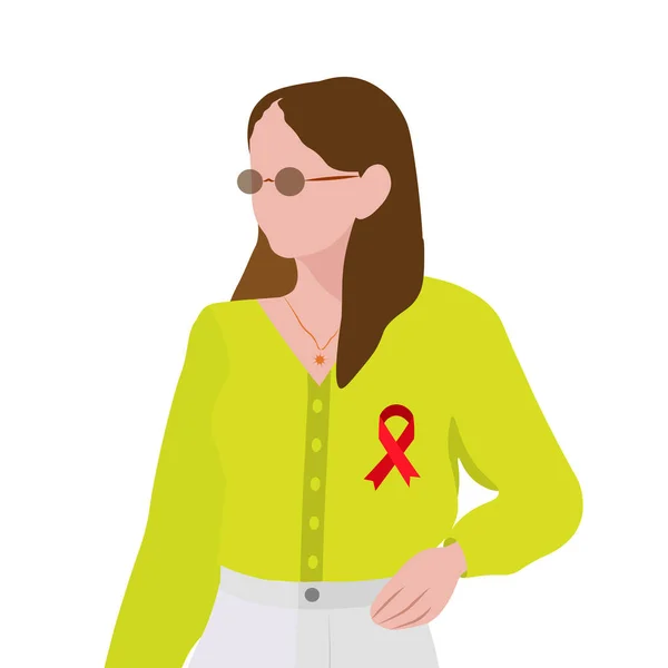 艾滋病意识 一个穿着浅绿色衬衫 佩戴红丝带徽章的年轻现代女孩的画像 医学概念 矢量说明 — 图库矢量图片