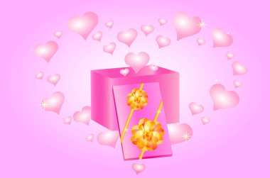 Şirin pembe kalpleri olan hediye kutusunu aç. Sevgililer Günü konsepti geçmişi. Pembe arkaplanda izole edilmiş vektör illüstrasyonu. 