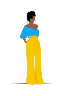 Genç, şık, Afro-Amerikan kadın, şık yaz kıyafetleri içinde. Moda kıyafeti giyen genç bayan karakter, Vector Illustrasyon. Yapay zeka oluşturulmadı