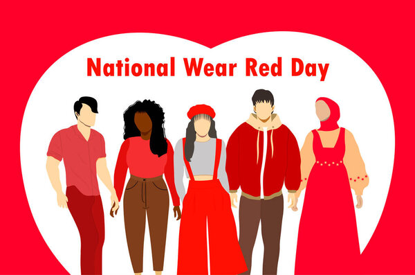 Национальный день красного. Группа молодых людей в красной одежде повышает осведомленность о сердечно-сосудистых заболеваниях. Присоединяйтесь к делу, надев красное. Векторная иллюстрация. Не генерируется AI 