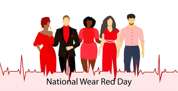 Национальный день красной одежды в феврале. Группа молодых людей в красной одежде. День осведомленности о профилактике сердечных заболеваний. Векторная иллюстрация. Не генерируется AI 